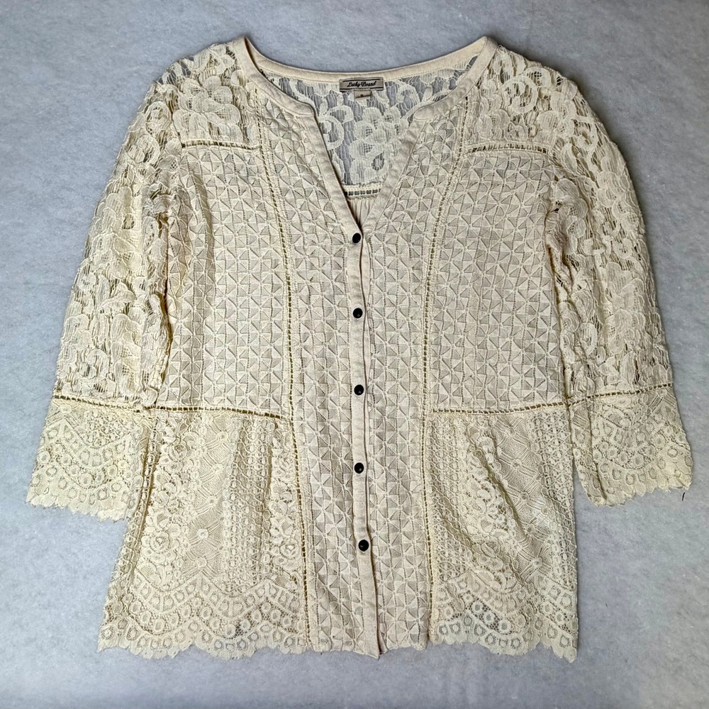 Lucky Brand Floral Lace Blouse Small Cream Peplum Boho Coquette‎ Cottagecore